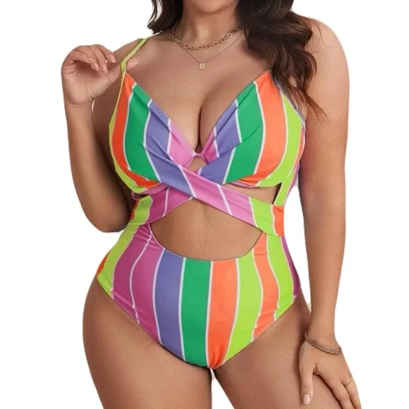 One piece colorful striped bathing suit - Picture 1 of 4